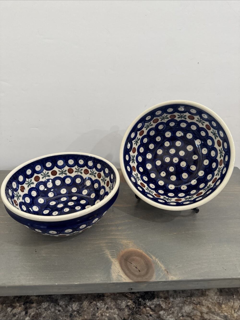 Polish Pottery Bowl- Set Of 2- Blue/White Nature 6in Wide/2.5in Tall Stackable